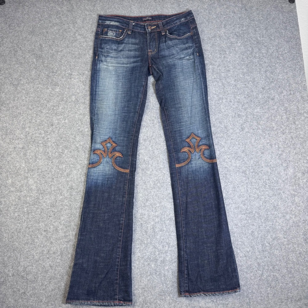People 4 Peace Womens 28 Embroidered Fleur De Lis Low Rise Flare Jeans Dark Wash